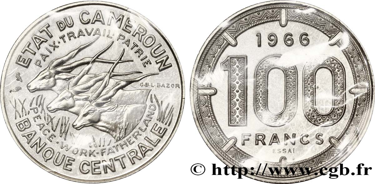 CAMEROON Essai 100 Francs Etat du Cameroun, commémoration de l’indépendance, antilopes 1966 Paris MS70 