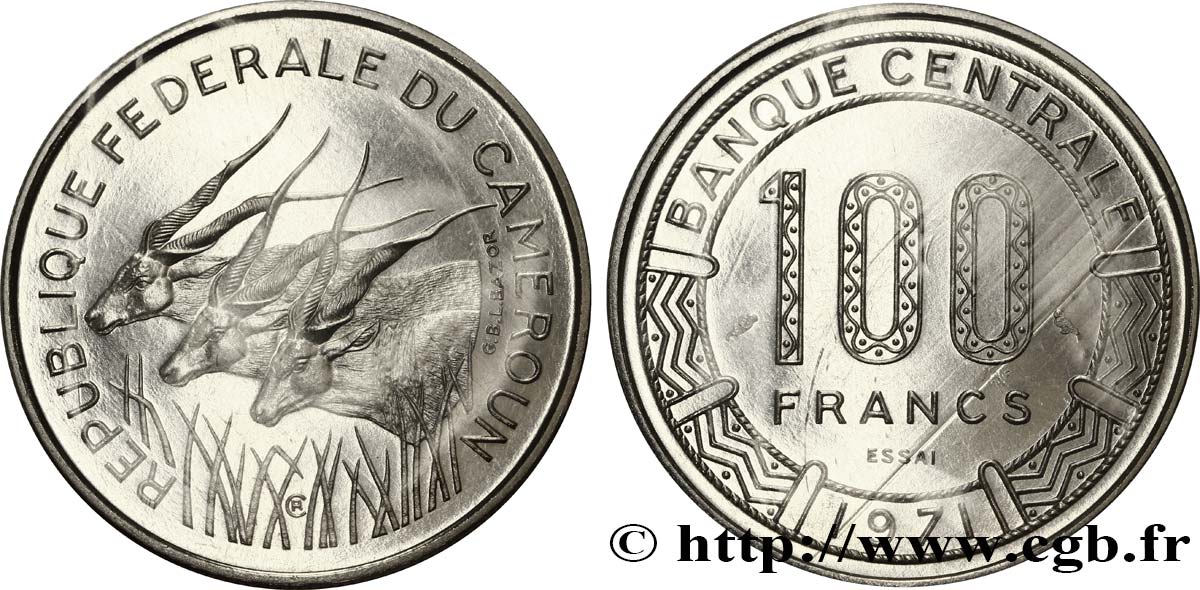 KAMERUN Essai de 100 Francs République Fédérale du Cameroun, antilopes 1971 Paris ST 