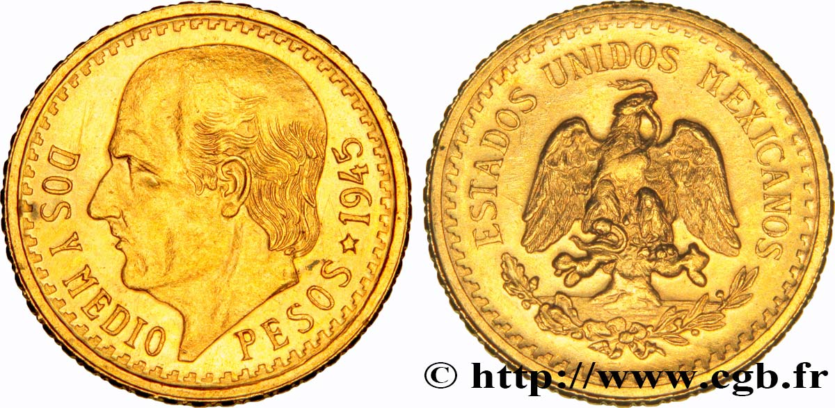 MÉXICO 2 1/2 Pesos or Aigle du Mexique / Miguel Hidalgo 1945 Mexico SC 