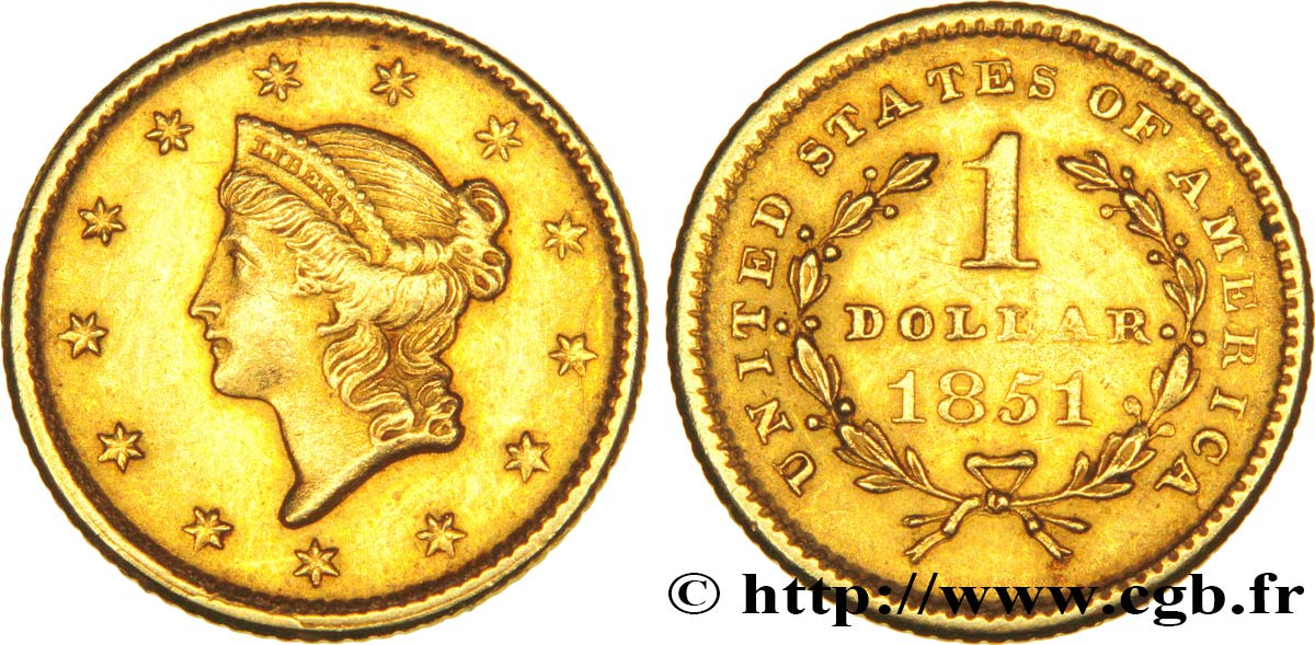 UNITED STATES OF AMERICA 1 Dollar Or  Liberty head  1er type 1851 Philadelphie BB 