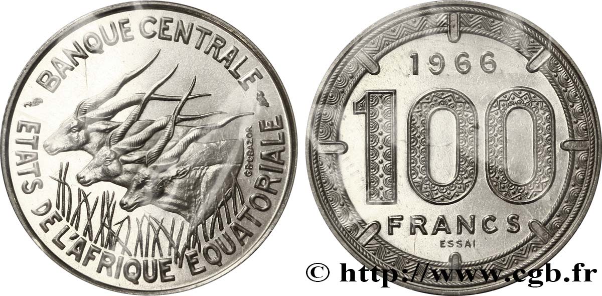 EQUATORIAL AFRICAN STATES Essai de 100 Francs antilopes 1966 Paris MS70 