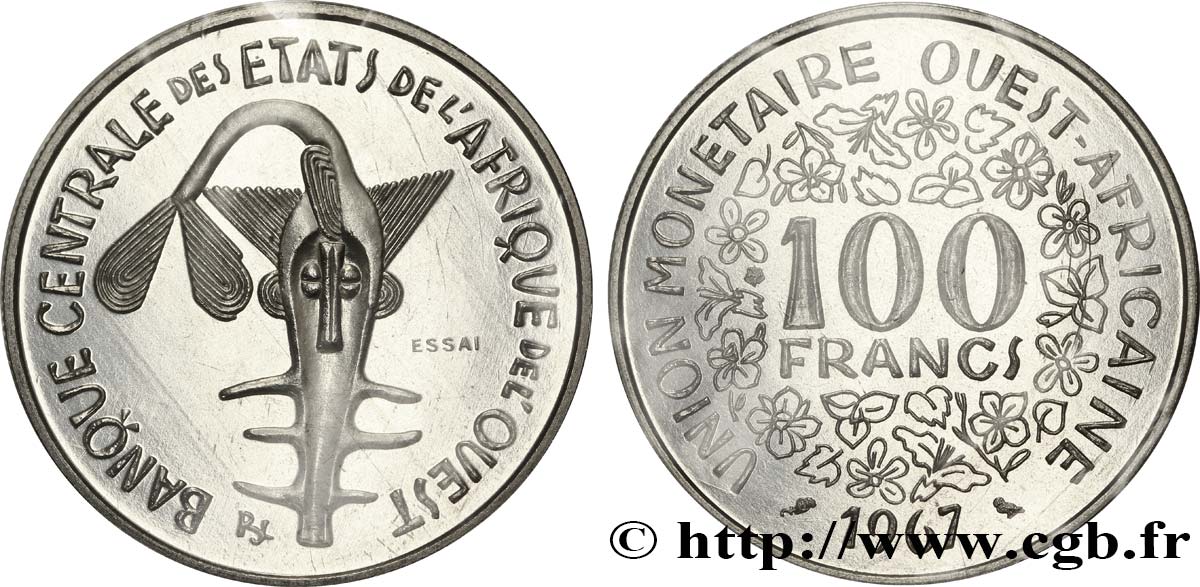ESTADOS DE ÁFRICA DEL OESTE Essai de 100 Francs masque sous sachet d’origine sans liseré tricolore 1967 Paris FDC70 