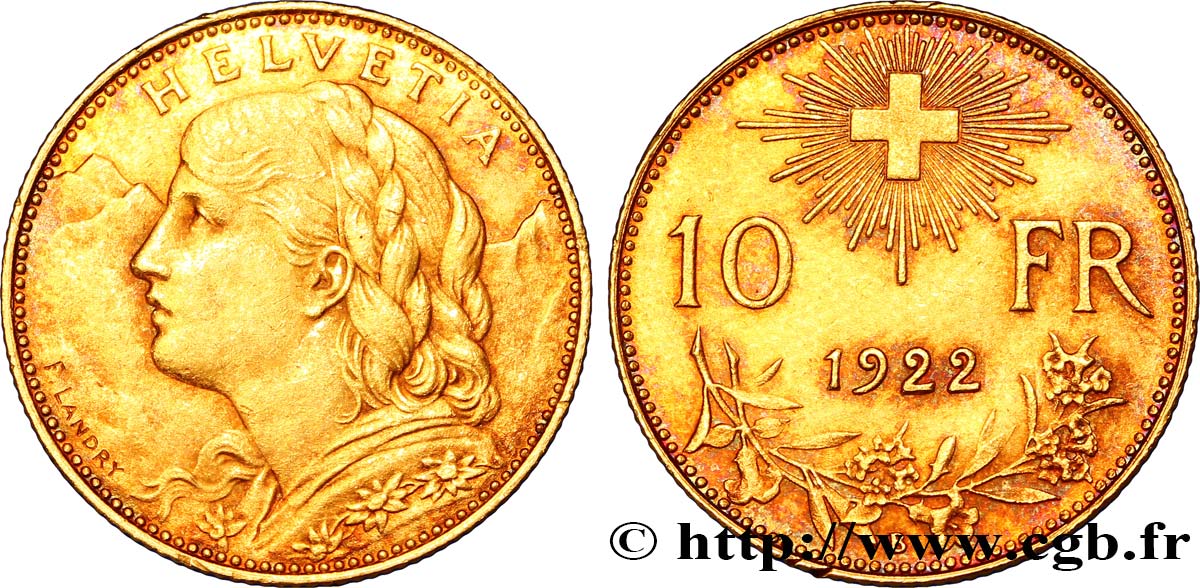 SCHWEIZ 10 Francs or  Vreneli  1922 Berne fVZ 