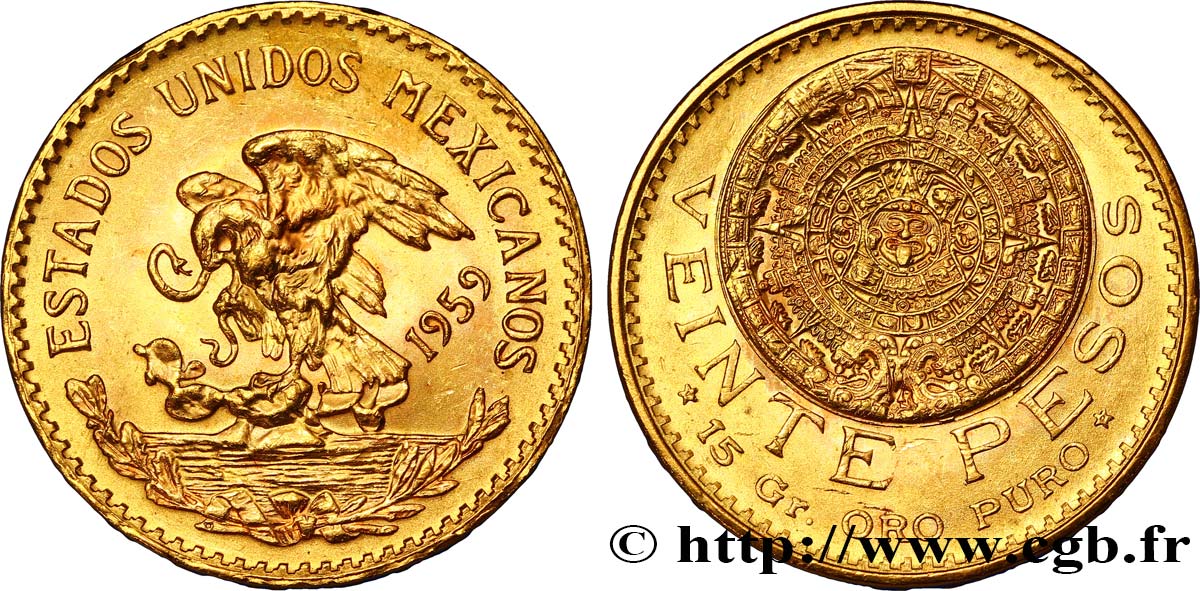 MÉXICO 20 Pesos or Aigle du Mexique / la “Pierre du Soleil” (calendrier aztèque) 1959 Mexico SC 