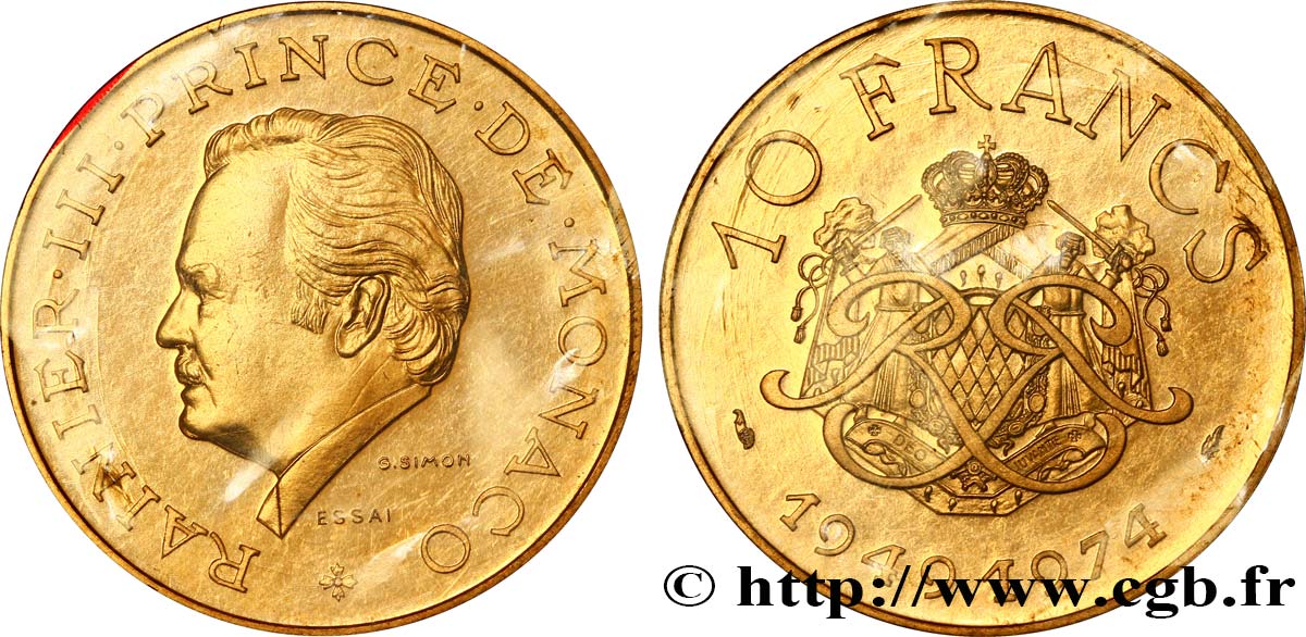 MONACO Essai de 10 Francs Rainier III 25e anniversaire de règne 1974 Paris MS 