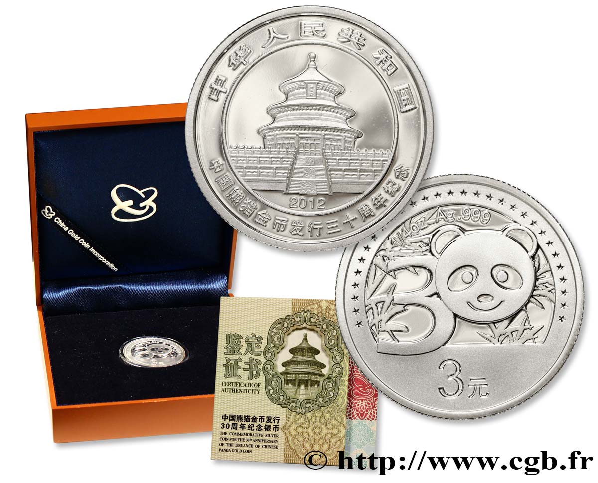 CHINA 3 Yuan Proof 30e anniversaire des monnaies Panda 2012  ST 
