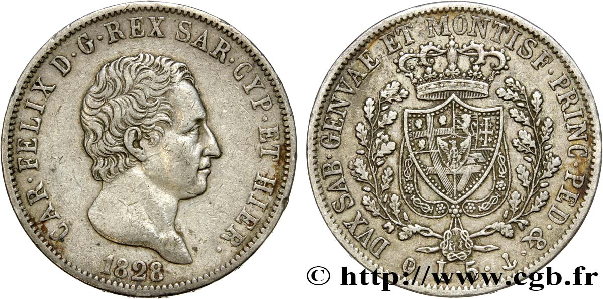 ITALY - KINGDOM OF SARDINIA 5 Lire Charles Félix 1828 Gênes XF 