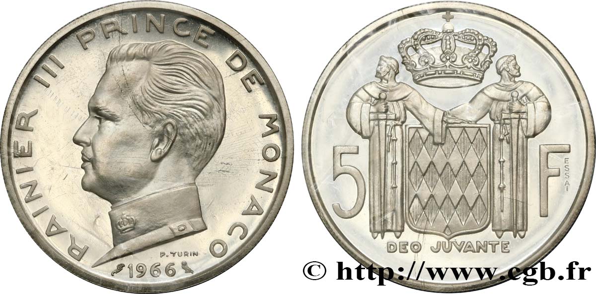 MONACO Essai de 5 Francs Proof (BE) en argent Rainier III 1966 Paris FDC 
