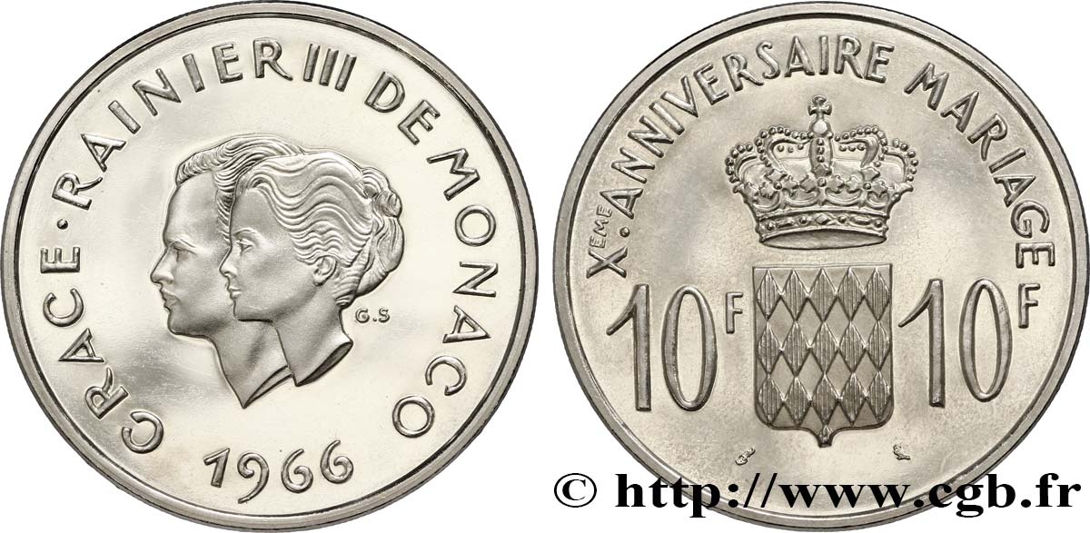 MONACO 10 Francs Proof argent, dixième anniversaire du mariage 1966 Paris SPL 