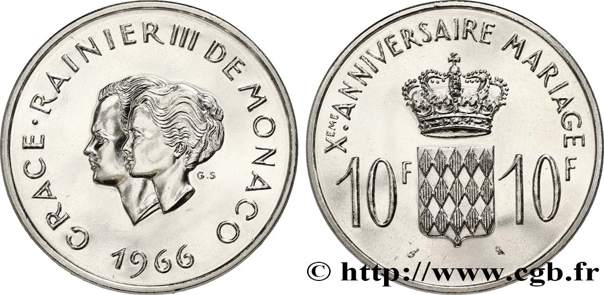 MONACO 10 Francs argent, dixième anniversaire du mariage 1966 Paris fST 