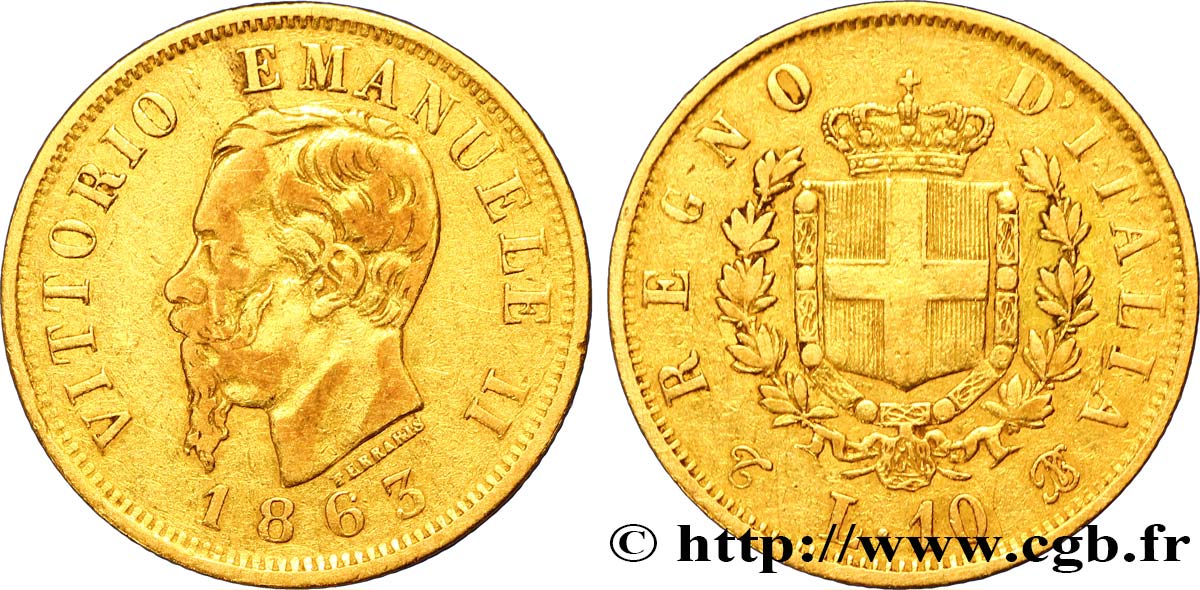 ITALY 10 Lire or Victor Emmanuel II, roi d’Italie 1863 Turin VF 
