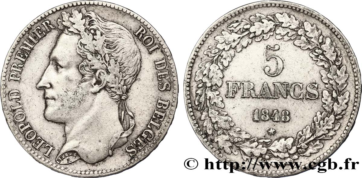 BELGIO 5 Francs Léopold Ier tête laurée 1848  BB 