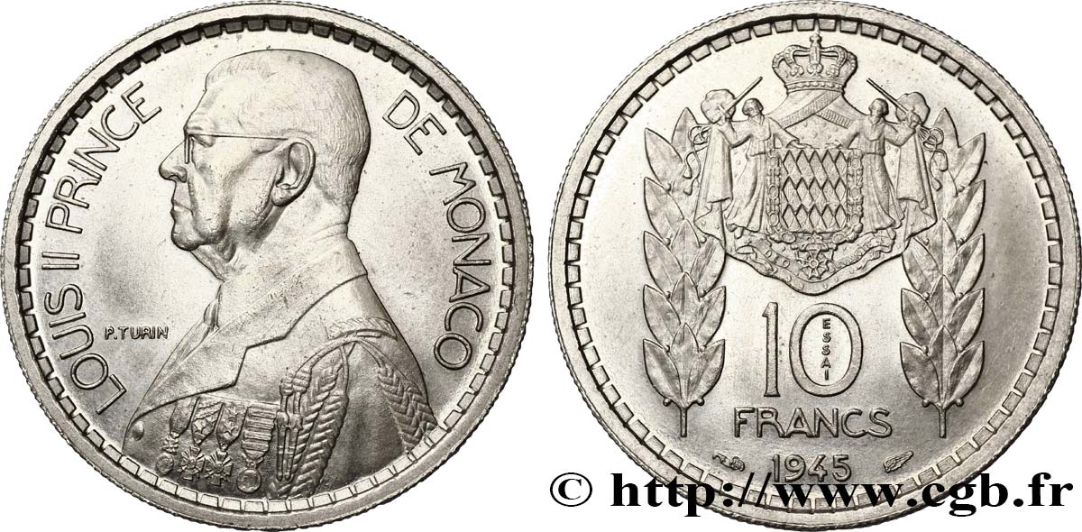 MONACO Essai de 10 Francs Louis II 1945 Paris fST 