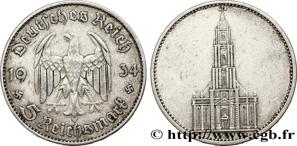 DEUTSCHLAND 5 Reichsmark église de la garnison de Potsdam 1934 Hambourg - J SS 
