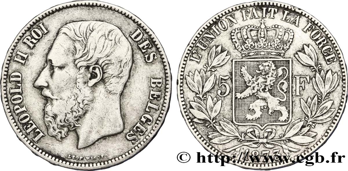 BELGIUM 5 Francs Léopold II tranche position A 1873  XF 