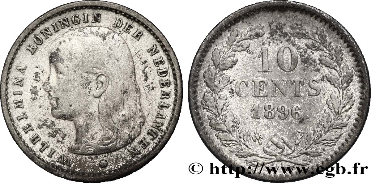 NETHERLANDS 10 Cents Wilhelmine 1896 Utrecht VF 