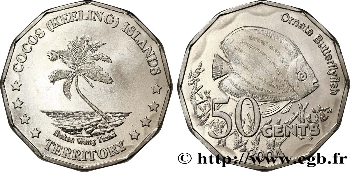 KEELING COCOS ISLANDS 50 Cents cocotier / poisson-papillon Chaetodontidae 2004  AU 