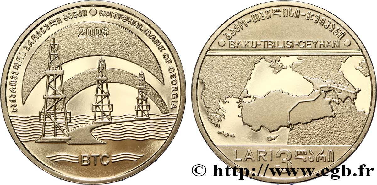 GEORGIEN 3 Lari oléoduc Bakou - Tbilissi - Ceyhan : carte / 3 puits de pétrole 2006 Mennica Polska fST 