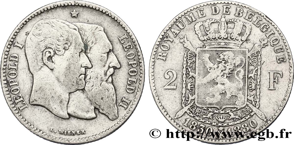 BELGIEN 2 Francs 50e anniversaire de l’indépendance 1880  fSS 
