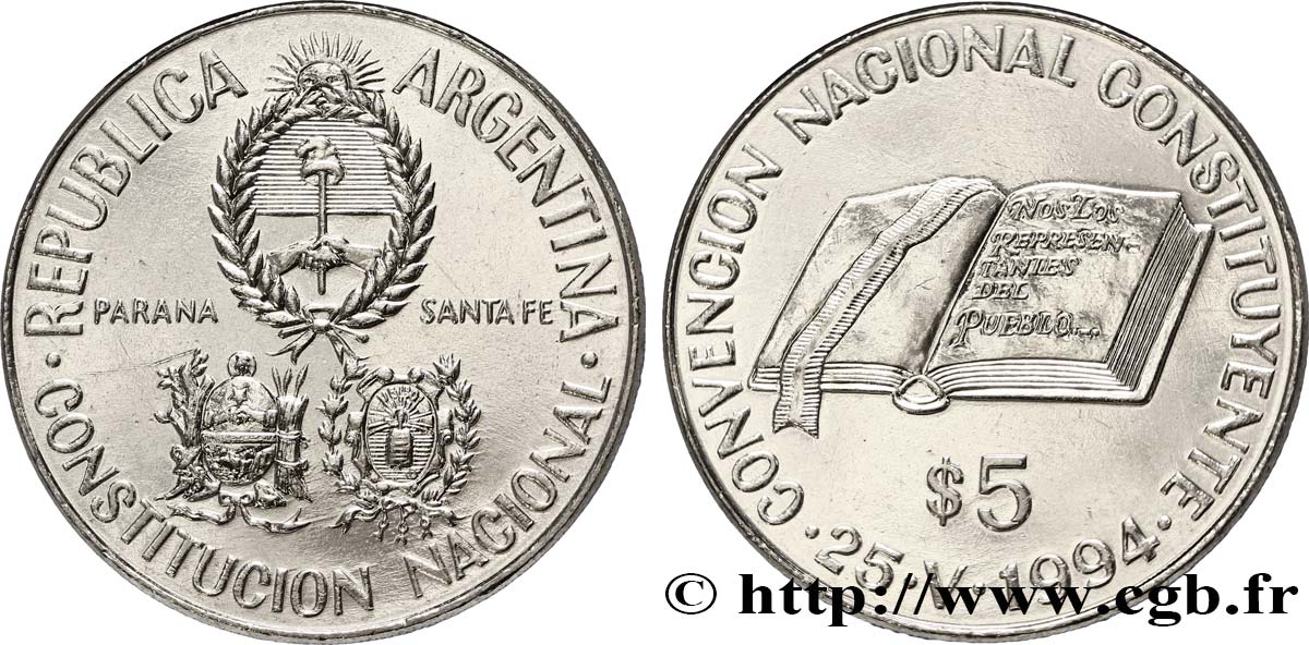 ARGENTINA 5 Pesos emblèmes / convention constituante du 25 mai 1994 1994  SPL 