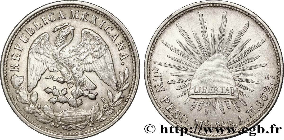 MEXIKO 1 Peso aigle / bonnet phrygien et rayons 1898 Mexico fVZ 