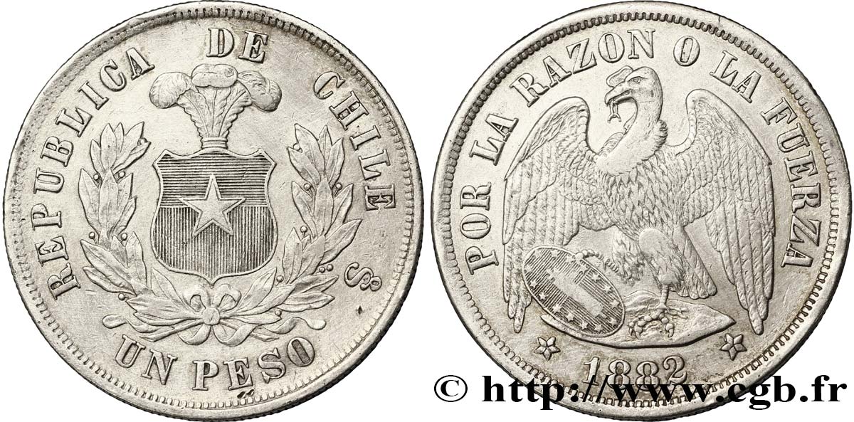 CHILE
 1 Peso emblème / Condor 1882 Santiago - S° MBC 