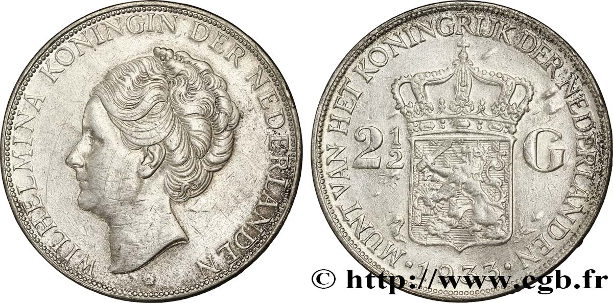 PAESI BASSI 2 1/2 Gulden Wilhelmina 1933  BB 