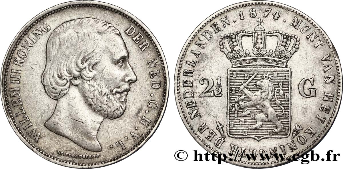 NIEDERLANDE 2 1/2 Gulden Guillaume III 1874 Utrecht SS 