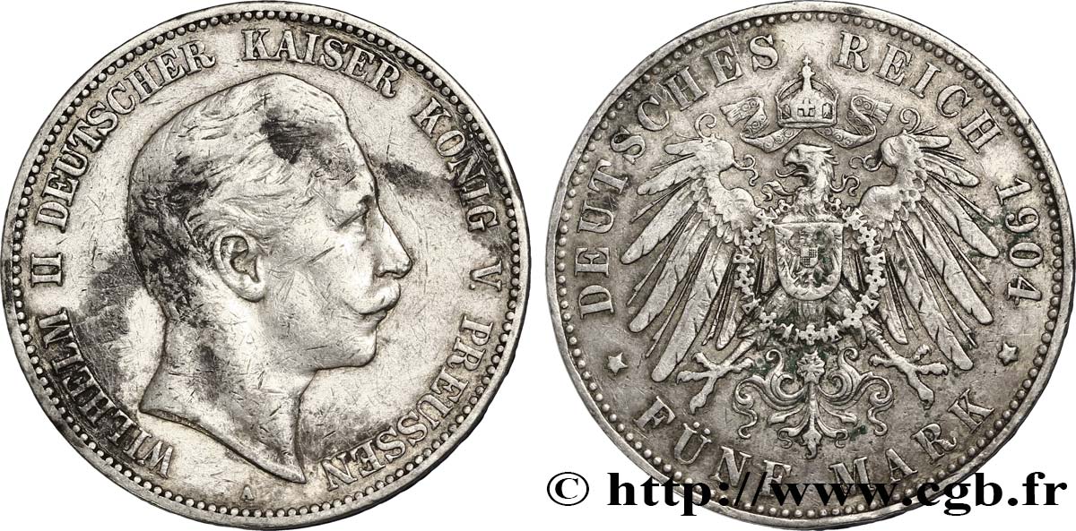 ALEMANIA - PRUSIA 5 Mark Guillaume II 1904 Berlin BC+ 