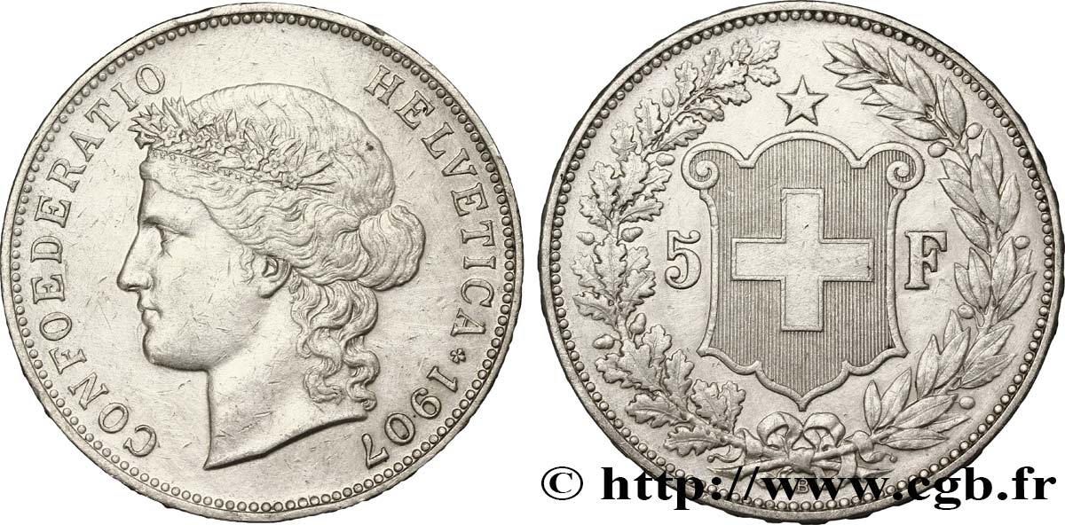 SCHWEIZ 5 Francs Helvetia buste 1907 Berne - B SS 