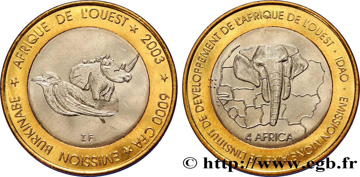 BURKINA FASO 6000 Francs oiseau et rhinocéros 2003  fST 