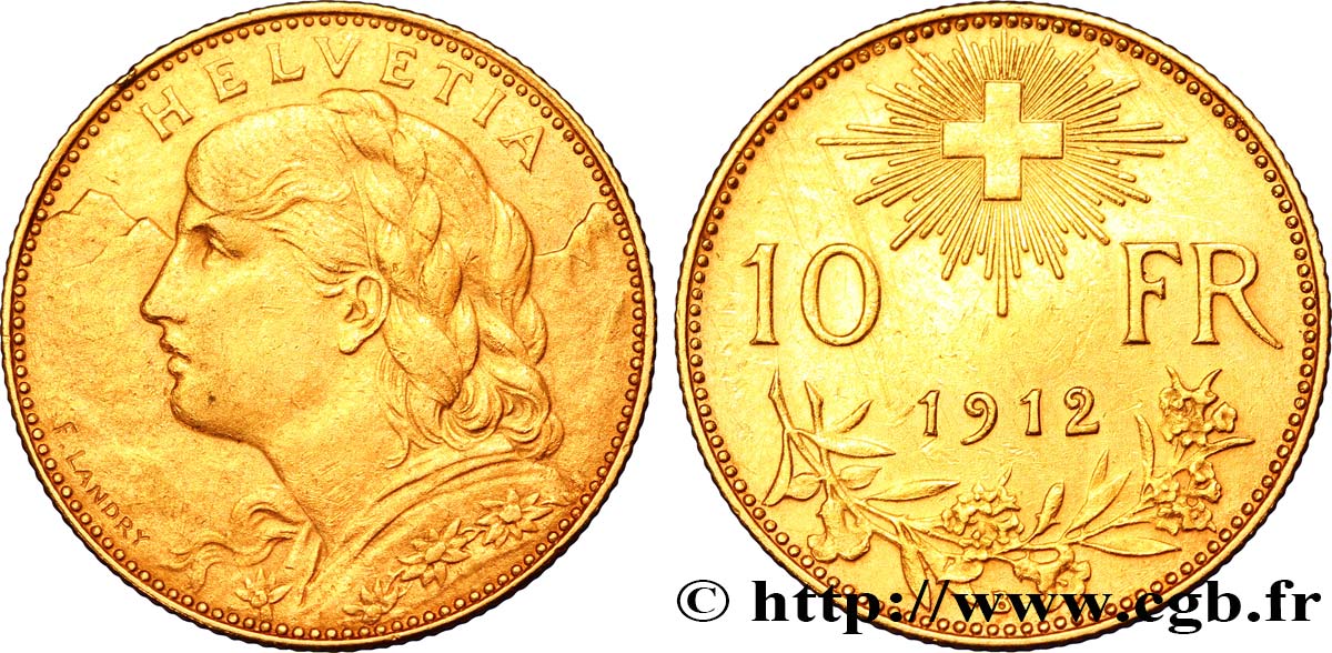 SUIZA 10 Francs or  Vreneli  Buste diadémé d Helvetia / Croix suisse 1912 Berne - B MBC 