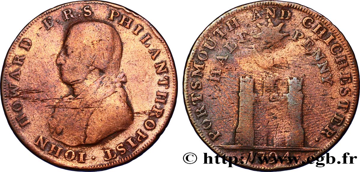 BRITISH TOKENS OR JETTONS 1/2 Penny Porthmouth (Hampshire) John Howard, “payable at Sharps Portsmouth and Chaldecotts Chichester” sur la tranche 1794  VG 
