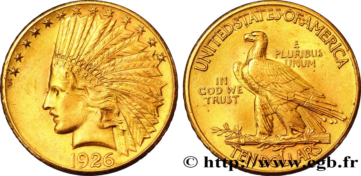 ÉTATS-UNIS D AMÉRIQUE 10 Dollars or  Indian Head , 2e type 1926 Philadelphie AU 