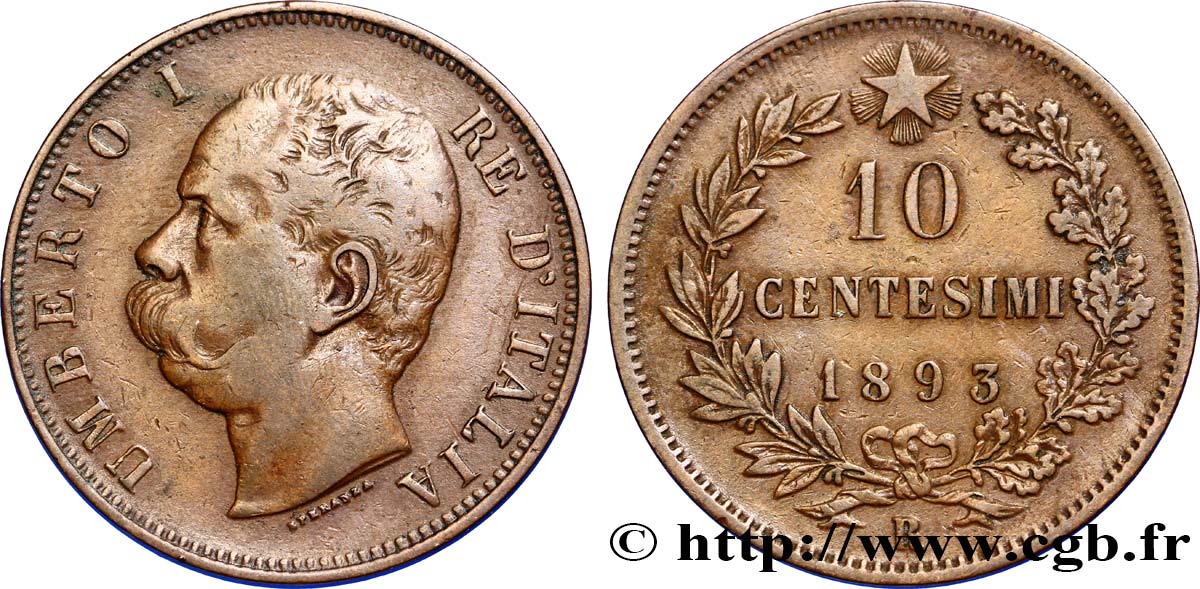 ITALY 10 Centesimi Humbert Ier 1893 Rome - R XF 