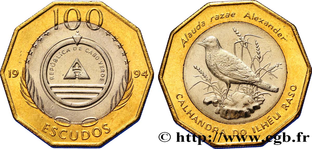 CABO VERDE 100 Escudos série ornithologique  : emblème / Alauda razae (Alouette de Razo) 1994  EBC 