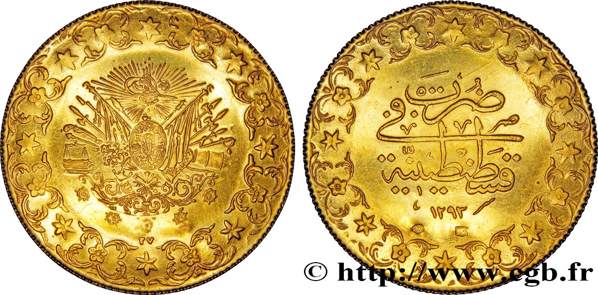 TURQUíA 500 Piastres de luxe frappe au nom de Abdul Hamid II AH 1293 an 27 1902 Kostantiniye  SC 
