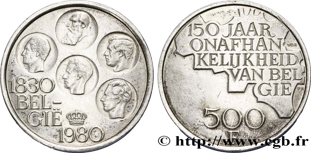 BELGIEN 500 Francs légende flamande 150e anniversaire de l’indépendance, portrait des 5 rois / carte de Belgique 1980 Bruxelles VZ 
