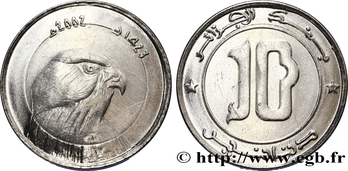 ALGERIA 10 Dinars tête de faucon an 1422 2002  MS 