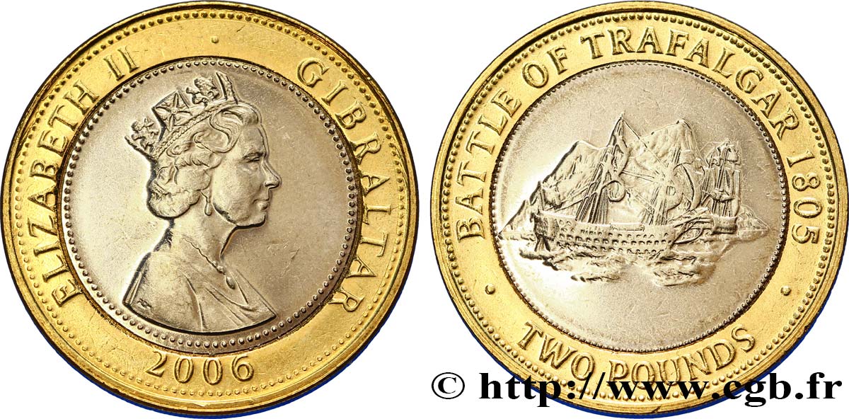 GIBRALTAR 2 Pounds (2 Livres) Élisabeth II / bataille navale de Trafalgar en 1805 2006  AU 