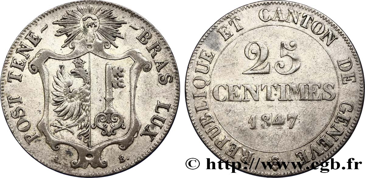 SWITZERLAND - REPUBLIC OF GENEVA 25 Centimes - Canton de Genève 1847  AU 