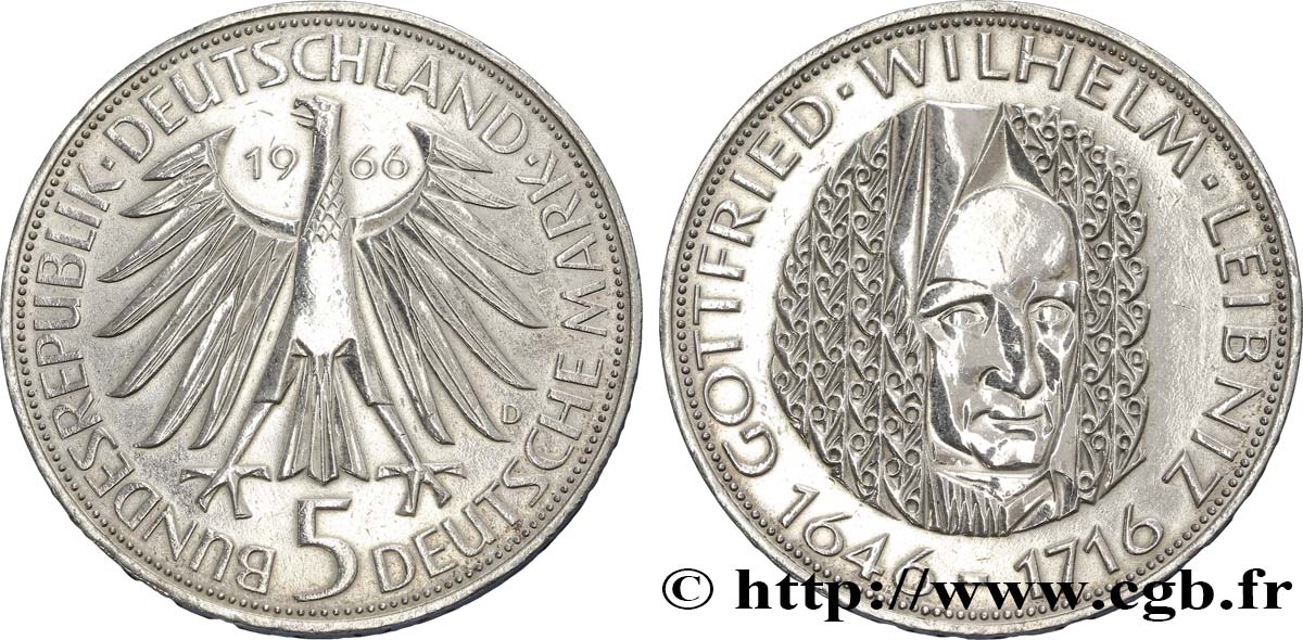 GERMANY 5 Mark aigle héraldique / le philosophe et mathématicien Gottfried Wilhelm LEIBNIZ 1966 Munich - D AU 