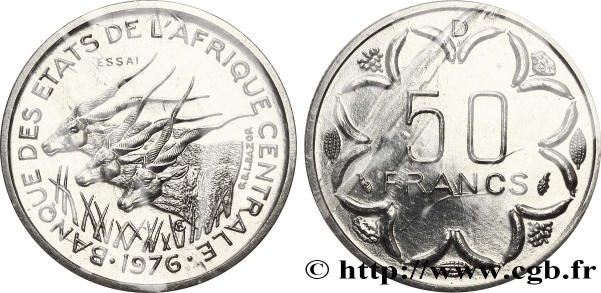 STATI DI L  AFRICA CENTRALE Essai de 50 Francs antilopes lettre ‘D’ Gabon 1976 Paris SPL 