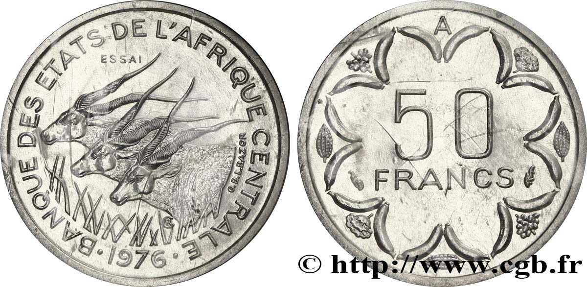 CENTRAL AFRICAN STATES Essai de 50 Francs antilopes lettre ‘A’ Tchad 1976 Paris MS 