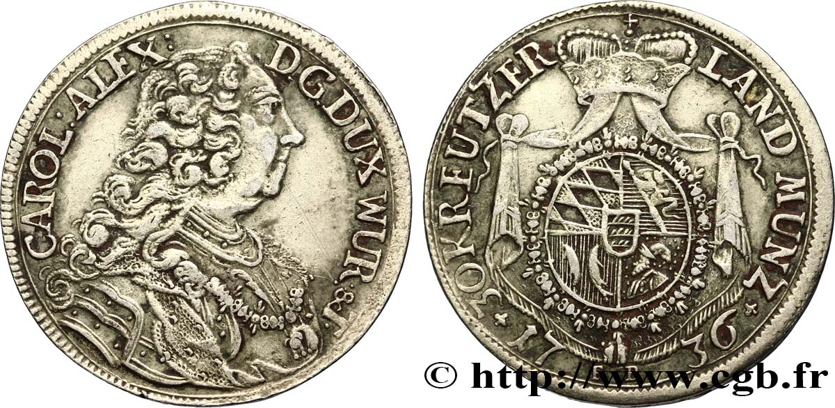 GERMANIA - WÜRTEMBERG 30 Kreuzer (1/2 Gulden ou1/3 Thaler 1736 Stuttgart BB 