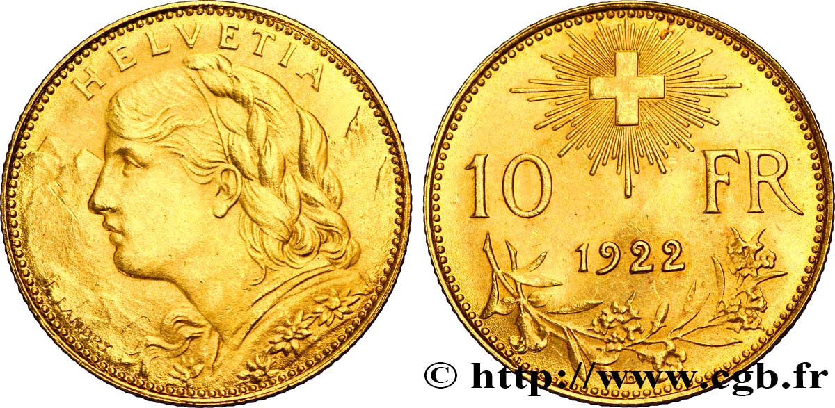 SUISSE 10 Francs or  Vreneli  1922 Berne SUP 