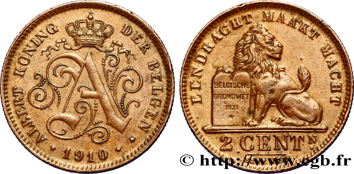 BELGIQUE 2 Centimes monogramme d’Albert Ier 1910  TTB+ 