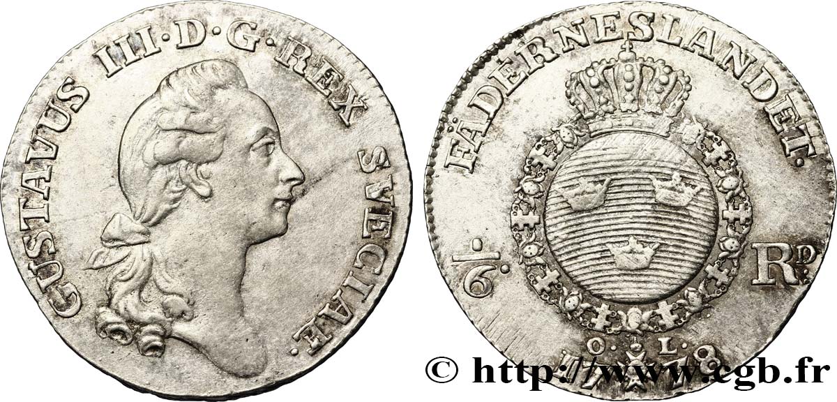 SUÈDE 1/6 Riksdaler Gustave III de Suède 1778 Stockholm SUP 
