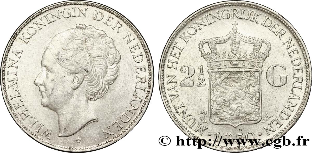 NETHERLANDS 2 1/2 Gulden Wilhelmina 1930  AU 