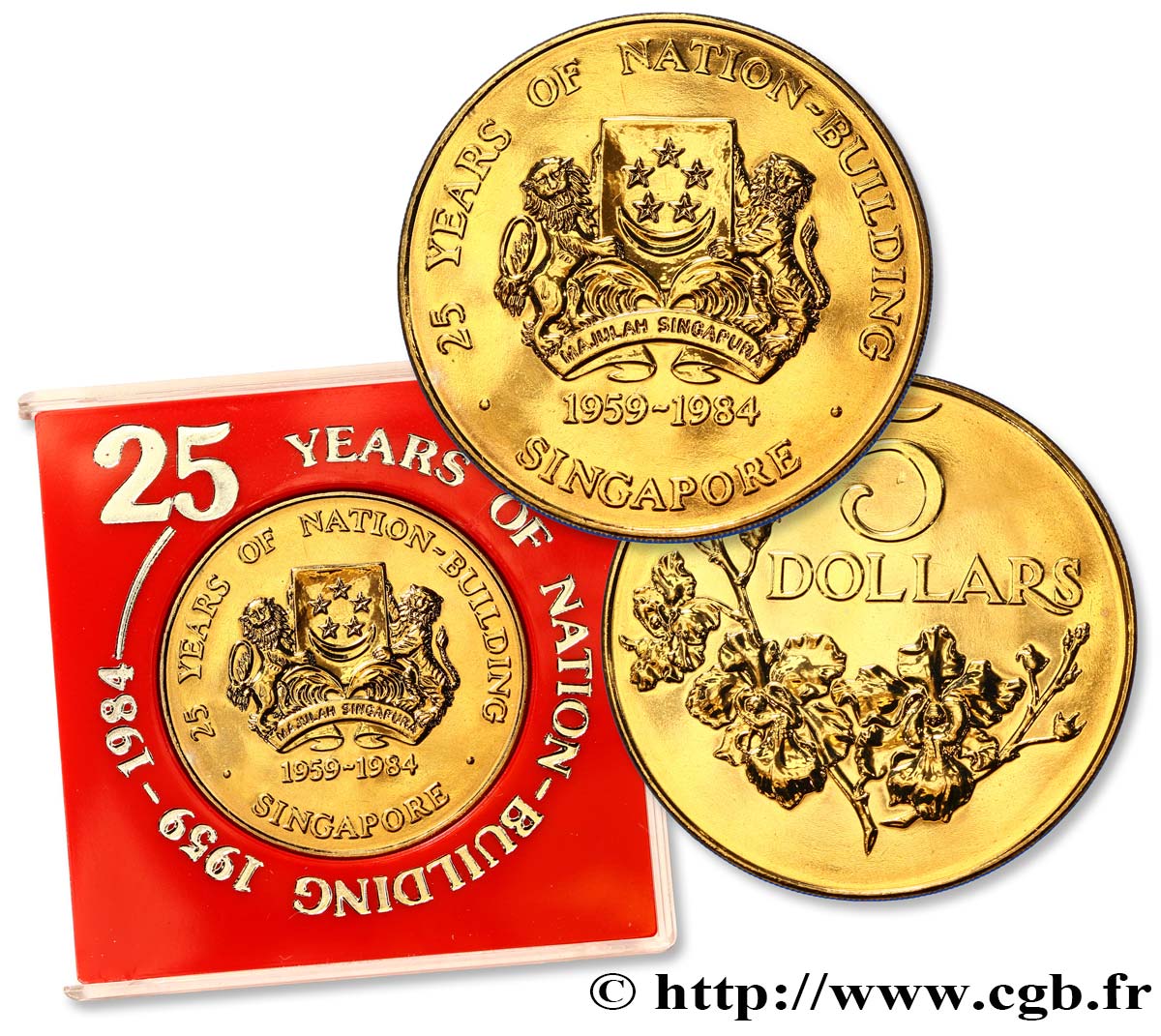 SINGAPOUR 5 Dollars 25e anniversaire de la construction de la nation : emblème / Rameau fleuri 1984  FDC 